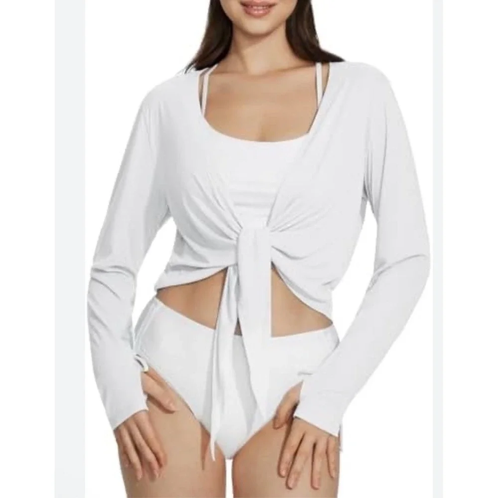 Baleaf UPF 50+ Sunscreen Shawl Long Sleeve Tie Front  White Beach Cover Up 2XL